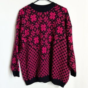 Vintage L/XL Black & Pink 80s 90s Sweater Floral Snowflake Goth Grunge Punk Rock